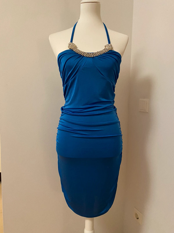 Blaues Y2K Minikleid mit Neckholder und Strassapplikation