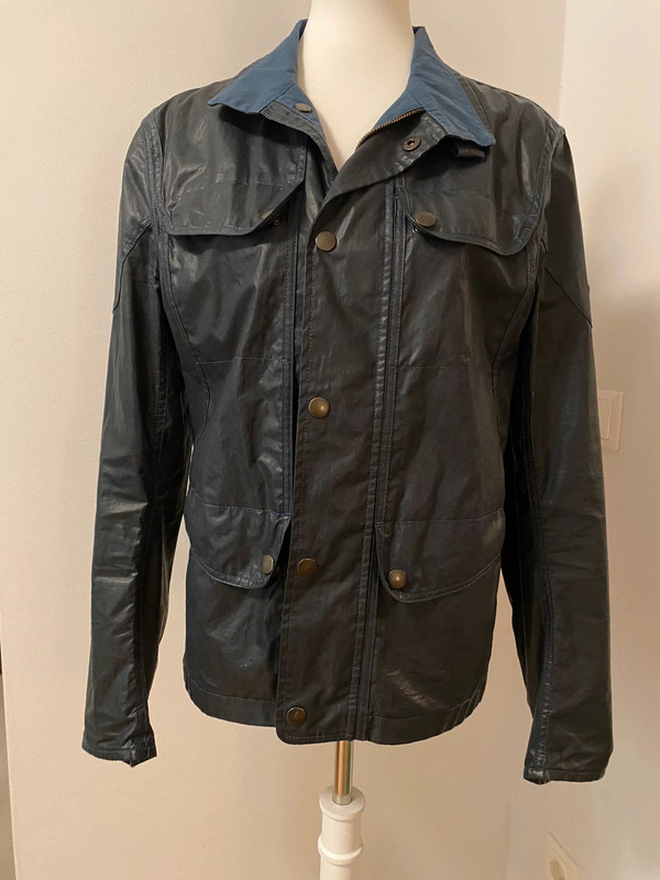 Vintage Herren Lederjacke, Bikerstil, Schwarz mit Blauem Kragen