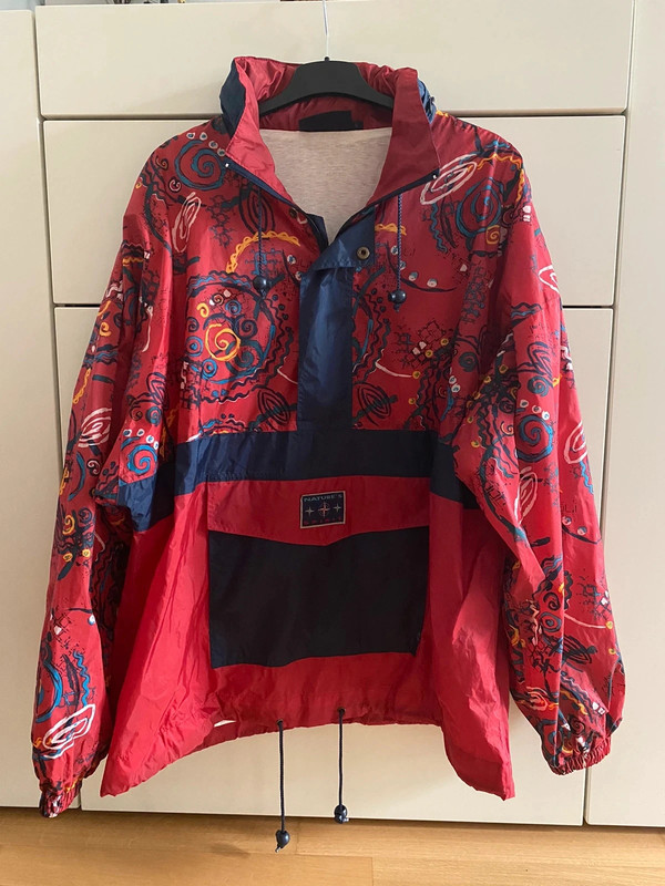 Vintage 90er Windbreaker mit abstraktem Muster und Kapuze Männer Größe L