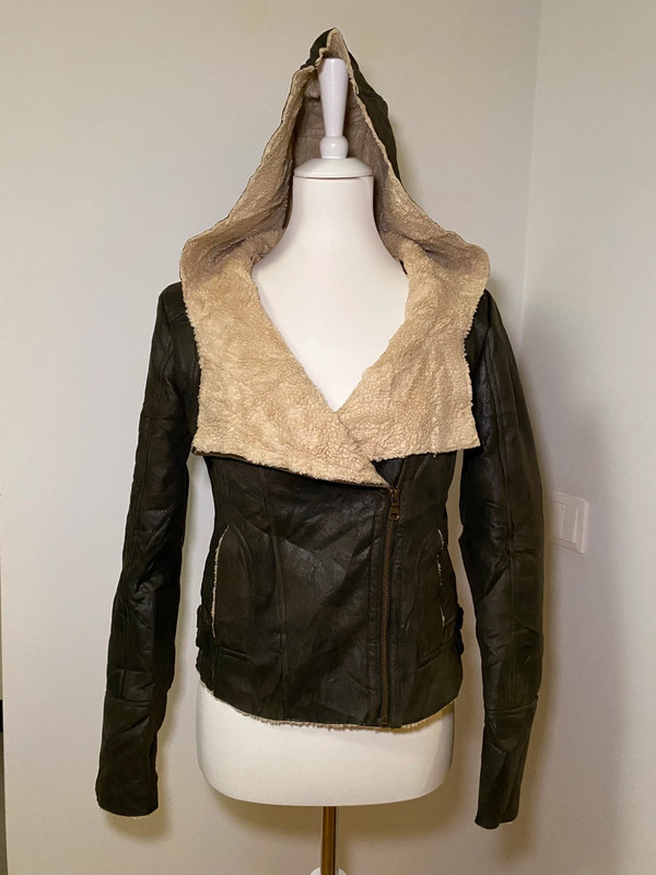 GUESS Biker Leather Jacket with Faux Shearling Hood