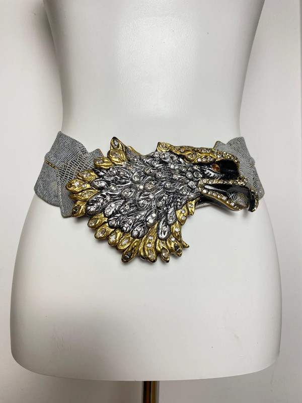 Vintage Ledergürtel mit Adler-Gürtelschnalle und Strasssteinen, Gold/Silber, Länge 75