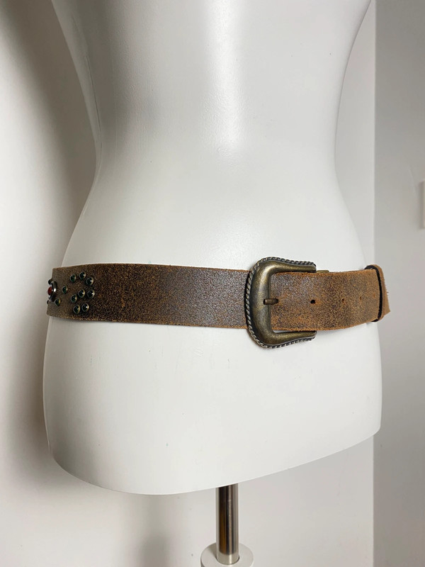 Vintage Leather Belt with Metal Conchos and Bead Embellishments