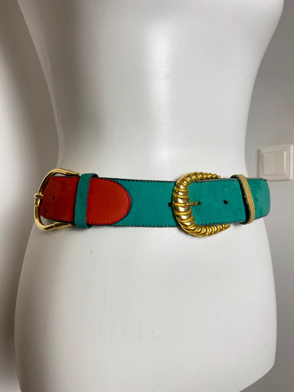 Vintage Breiter Gürtel mit Colorblock-Design und Goldschnalle, 80er/90er Stil, Marke Jakoby, Größe 85