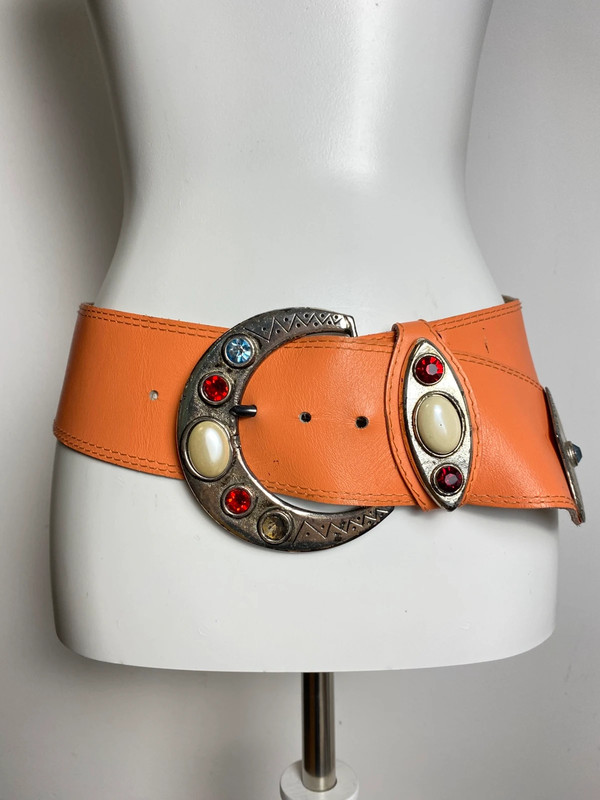Vintage breiter Ledergürtel mit großer Metall-Schnalle und Strasssteinen