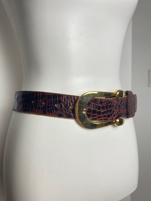 Vintage Ledergürtel mit Großer Goldschnalle - Brauner krokodillenleder Optik