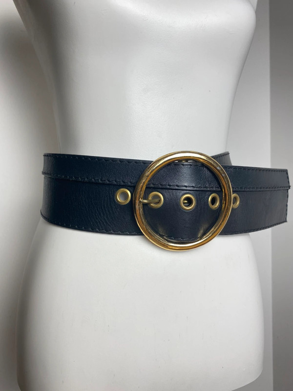 Vintage Leather Belt with Wide Strap and Large Gold Buckle