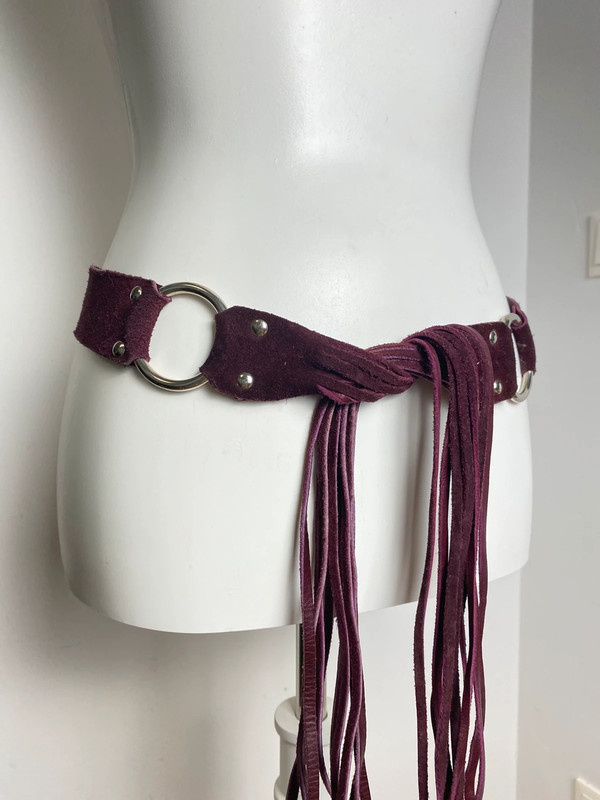Y2K Style Leather Belt with Fringed Quaste Bands and Rings Boho Statement Accessory