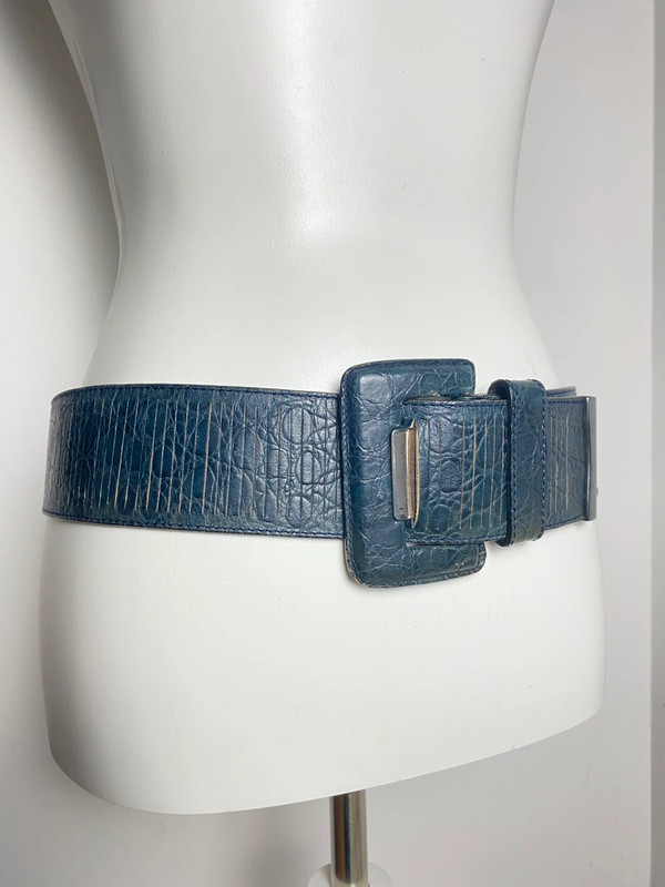 Vintage Blaue Breite Ledergürtel mit Großem Silberner Schnalle