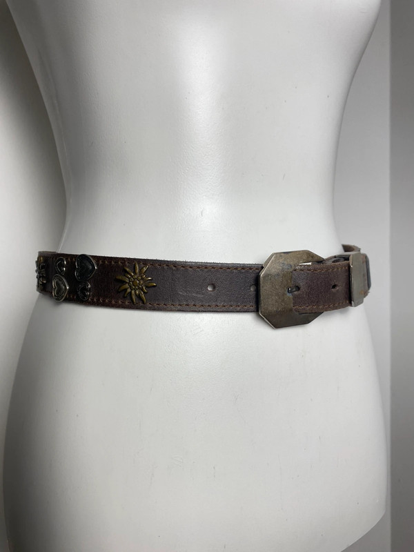 Vintage Leather Waist Belt with Heart, Edelweiss Motif, Rivets, Charms, and Metal Buckle