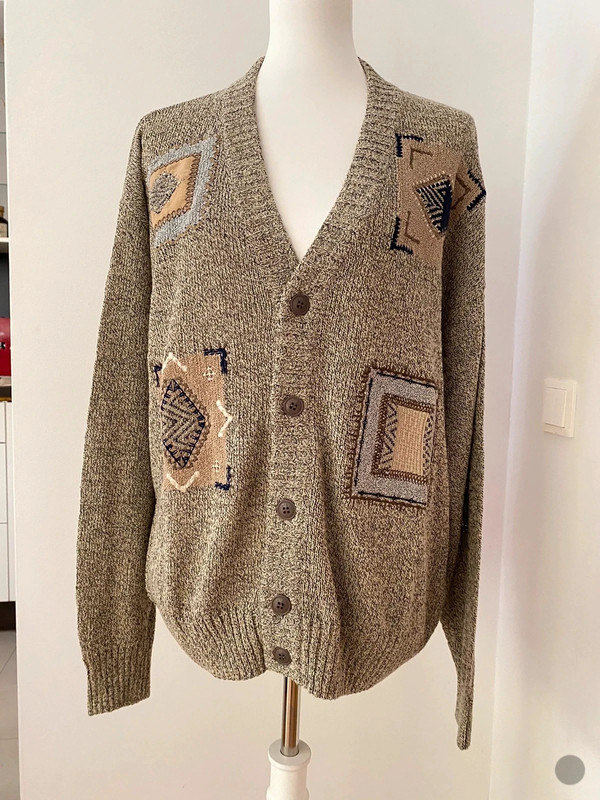 Vintage Love Strickjacke mit geometrischem Muster in Beige und Braun, XL