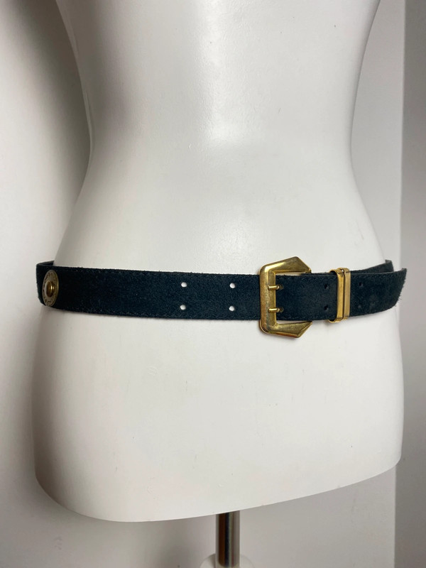 Vintage Ledergürtel in Schwarz mit Messing-Schnalle und Nieten, Größe M